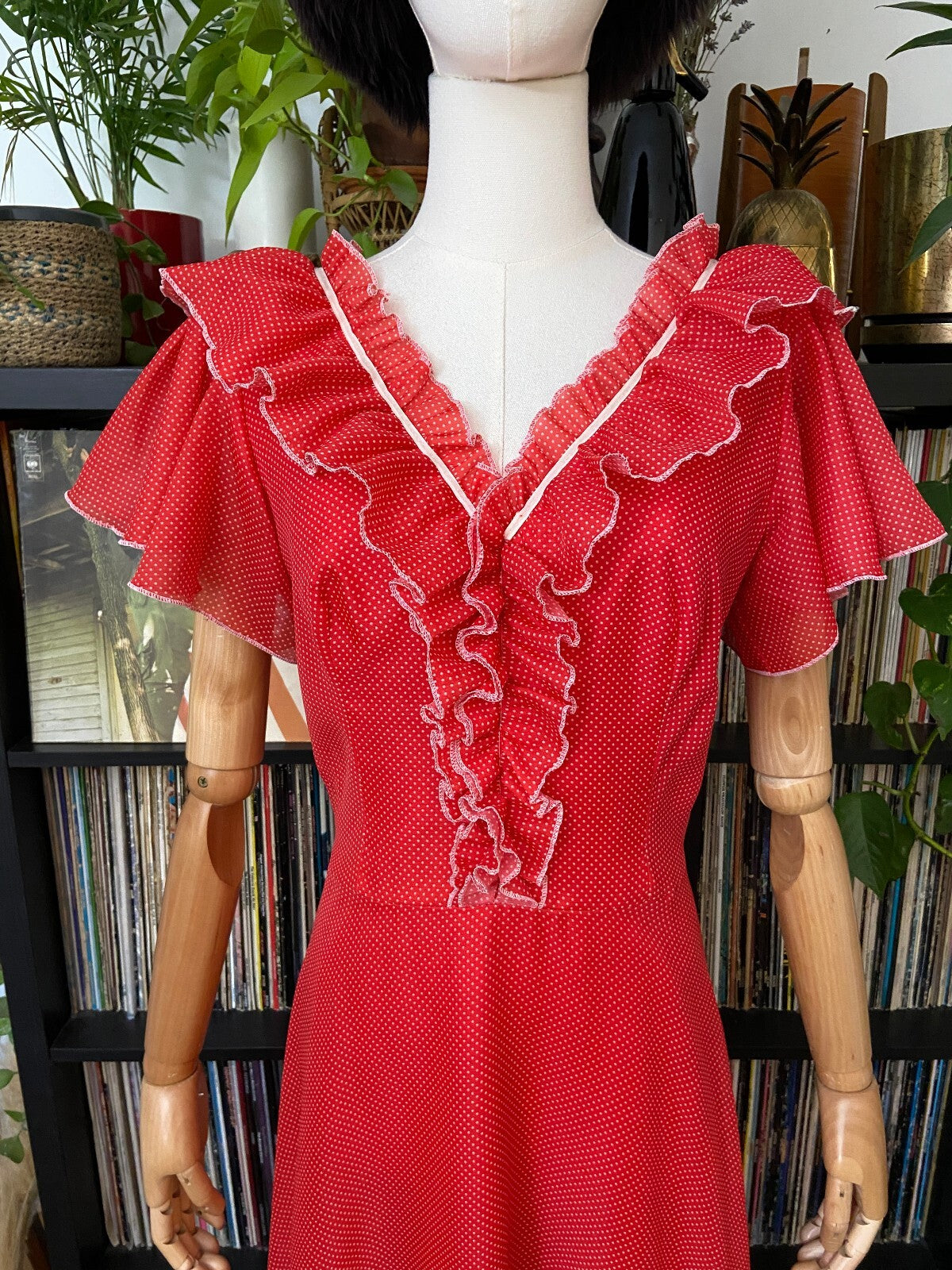 Vintage 1970s Red Spot V-Neck Maxi Dress