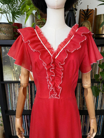Vintage 1970s Red Spot V-Neck Maxi Dress