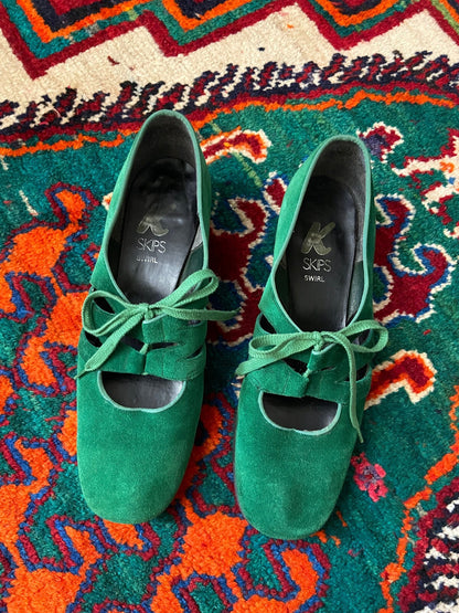 Vintage 1970s Green Suede Mary Janes UK 5