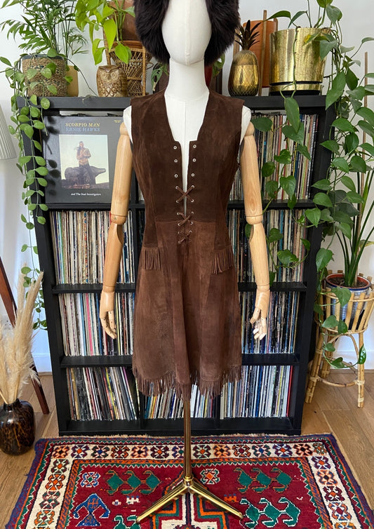 Vintage 1970s Brown Suede Fringed Lace Up Dress