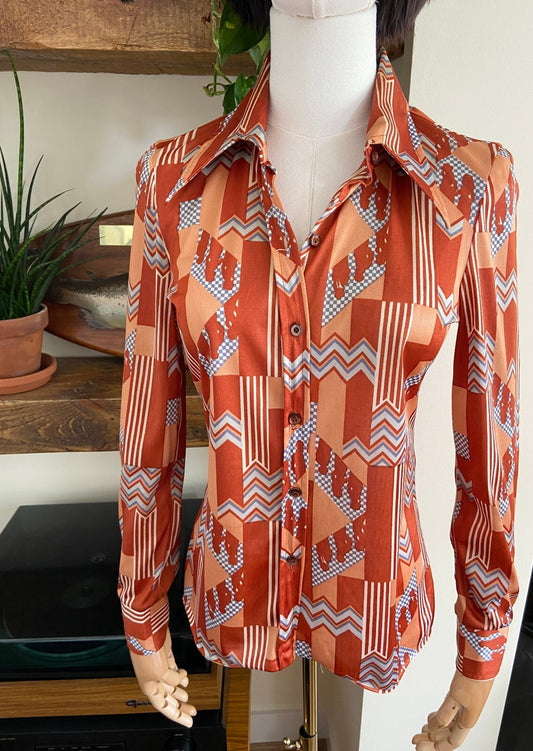 Vintage 1970s Brown Geometric Print Shirt