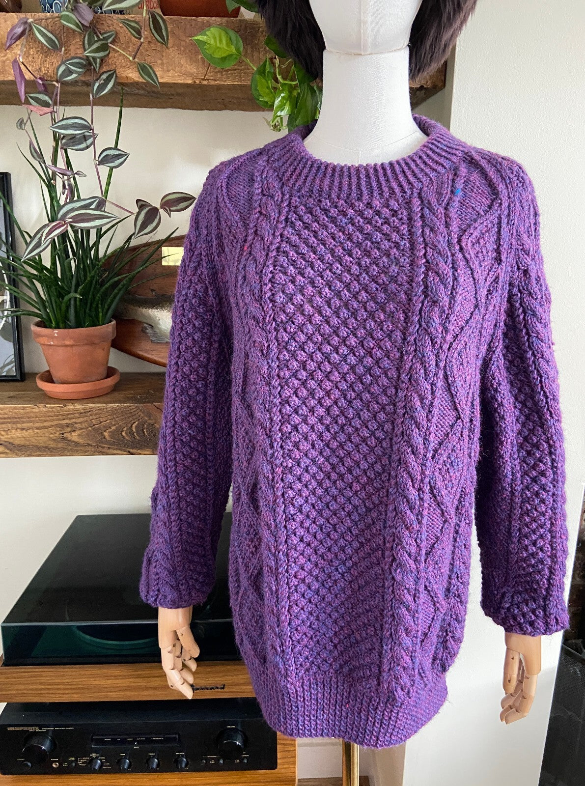 Vintage 1980s Purple Aran Fisherman Jumper