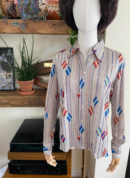 Vintage 1970s Geometric Print Dagger Collar Shirt