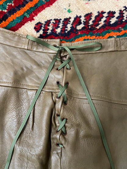 Vintage 1980s Olive Leather Lace Up Pencil Skirt