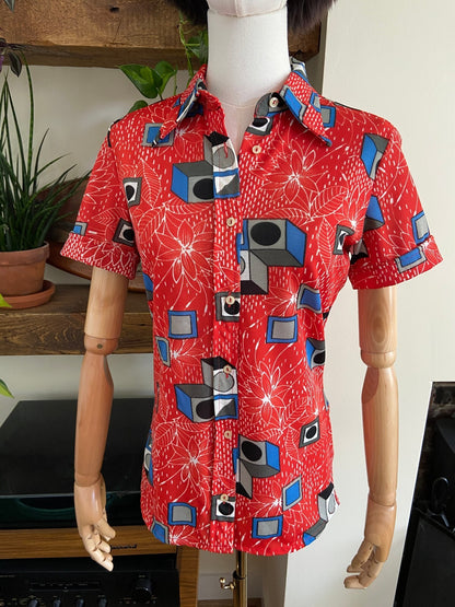 Vintage 1970s Red Geometric Print Shirt