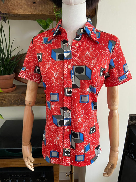 Vintage 1970s Red Geometric Print Shirt