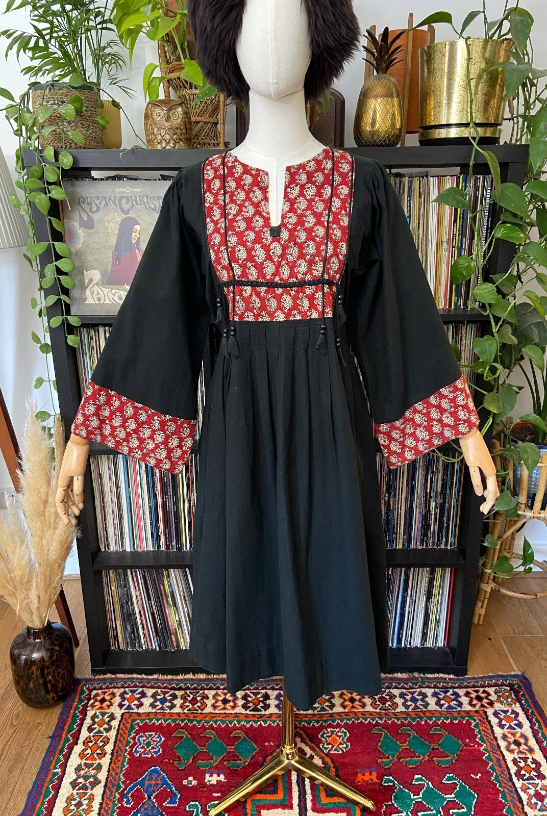 Vintage 1970s Black Indian Cotton Block Print Dress