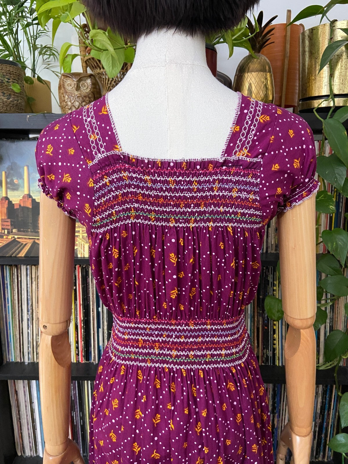 Vintage 1970s Purple Print Peasant Dress