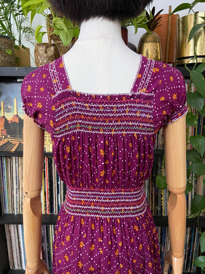 Vintage 1970s Purple Print Peasant Dress