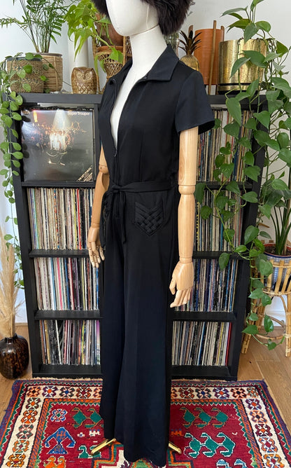 Vintage 1970s Black Plait Pocket Flared Jumpsuit