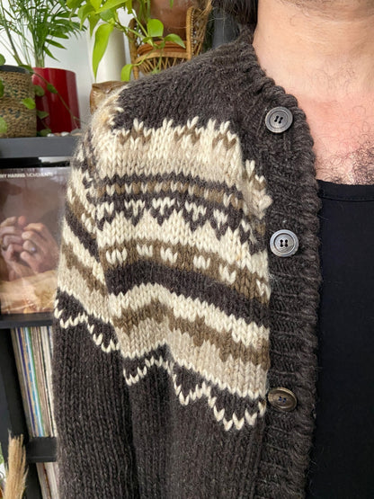 Vintage 1970s Brown Icelandic Wool Chunky Cardigan