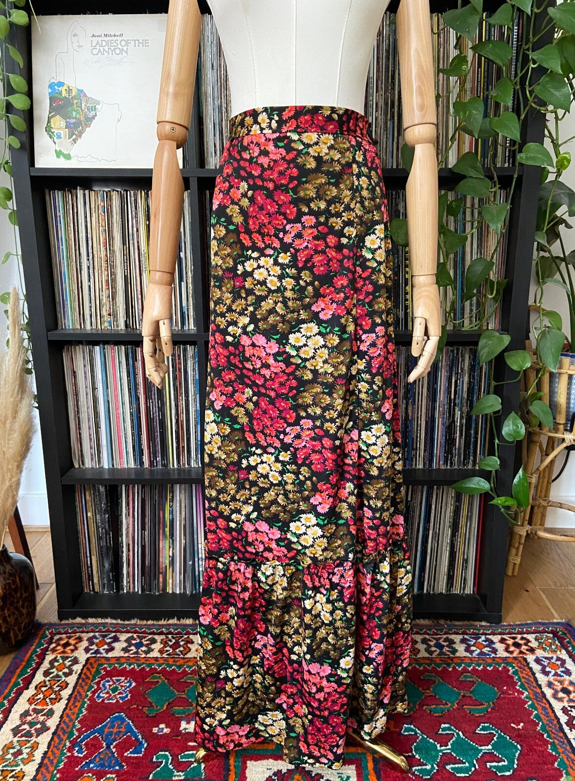 Vintage 1970s Burgundy Floral Maxi Skirt