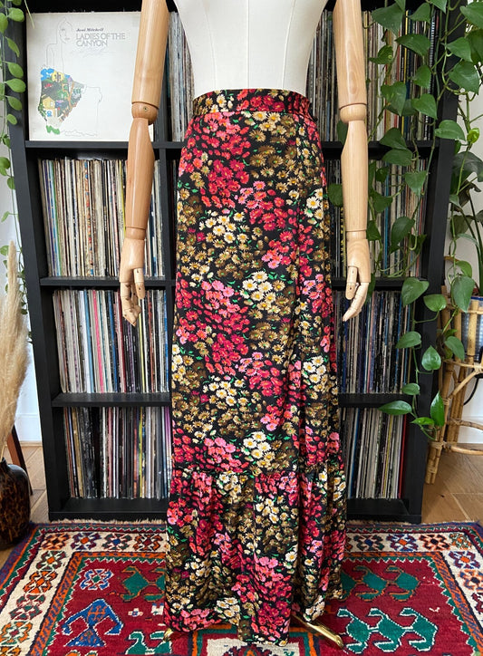 Vintage 1970s Burgundy Floral Maxi Skirt
