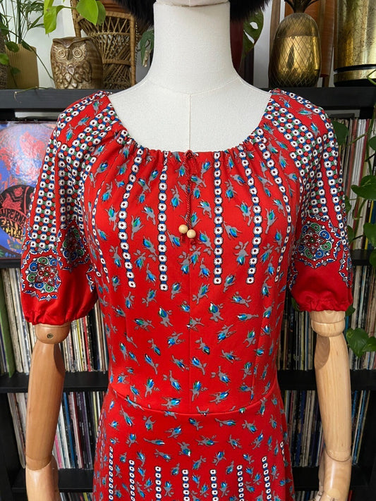 Vintage 1970s Red Patterned Folk Dress