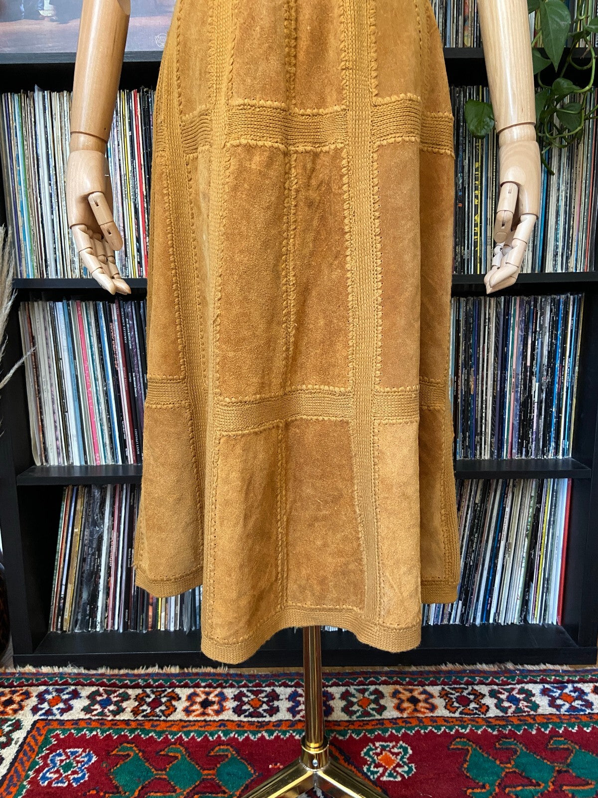 Vintage 1970s Tan Suede Patchwork Midi Skirt