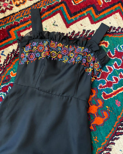 Vintage 1970s Black Embroidered Maxi Dress