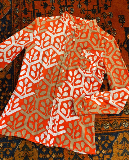 Vintage 1970s Orange & Beige Collarless Shirt