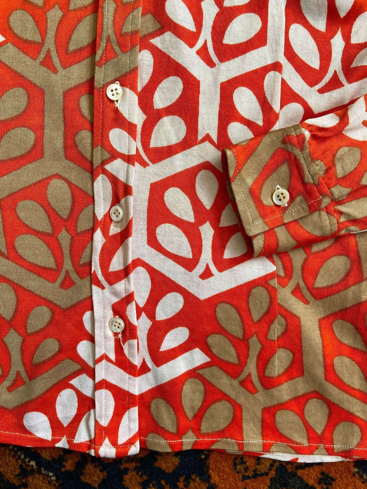 Vintage 1970s Orange & Beige Collarless Shirt