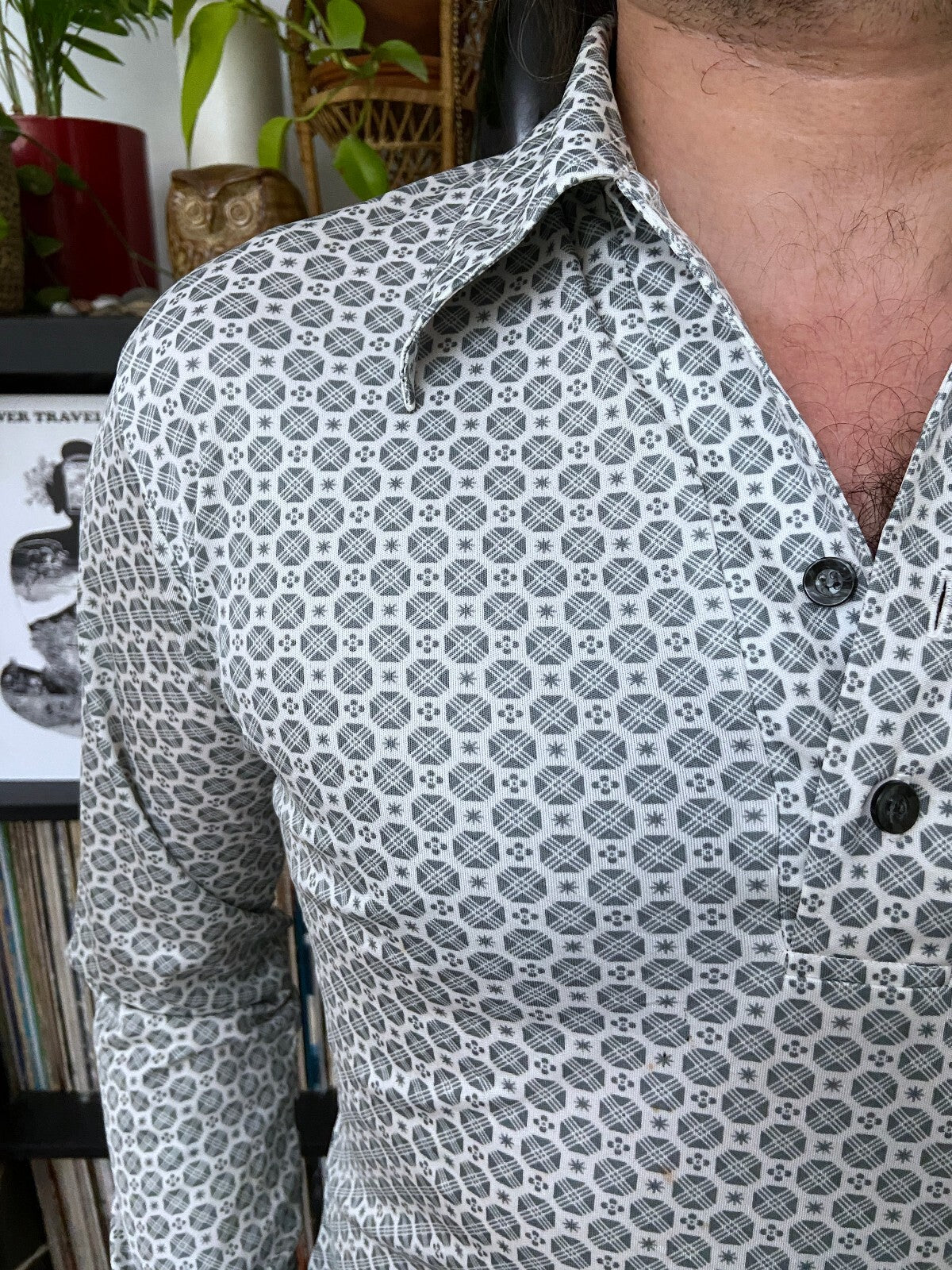 Vintage 1970s White & Grey Geometric Print Jersey Top