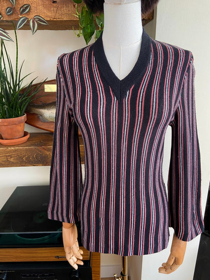 Vintage 1970s Black & Pink Striped V-Neck Jumper