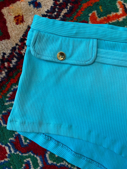 Vintage 1970s Turquoise Belted Swim Shorts