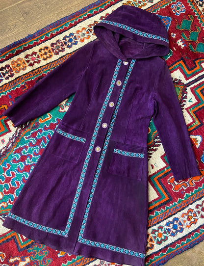 Vintage 1970s Purple Hooded Embroidered Trim Penny Lane Coat