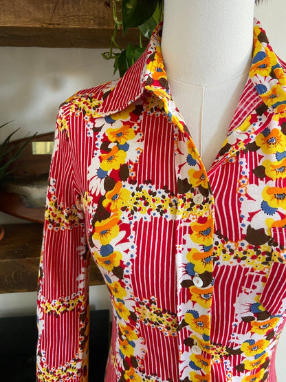 Vintage 1970s Red Striped & Yellow Floral Shirt