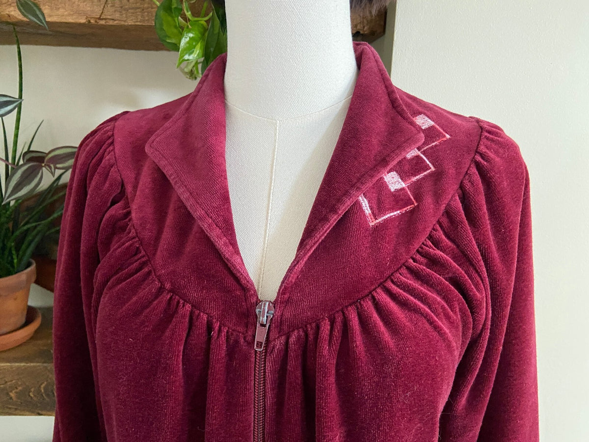 Vintage 1970s Burgundy Velour Zip Up Top