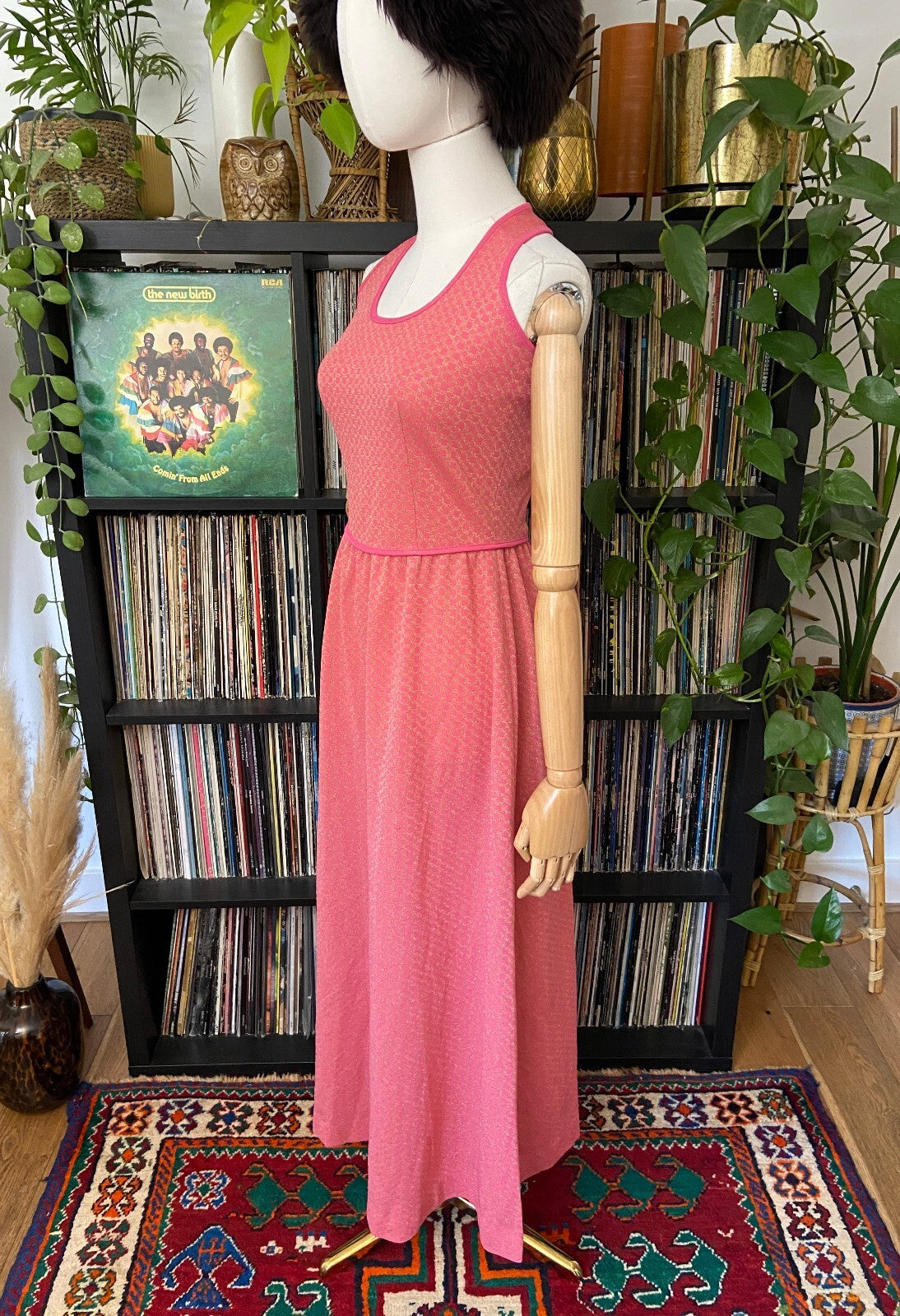 Vintage 1970s Pink & Gold Maxi Halterneck Dress