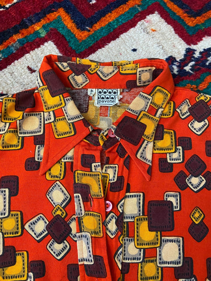 Vintage 1970s Red Geometric Dagger Collar Shirt