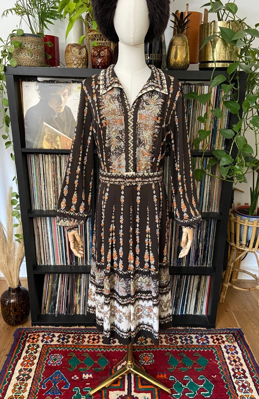 Vintage 1970s Brown Print Belted Dress