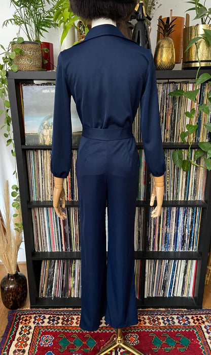 Vintage 1970s Navy Zip Up Belted Disco Jumpsuit