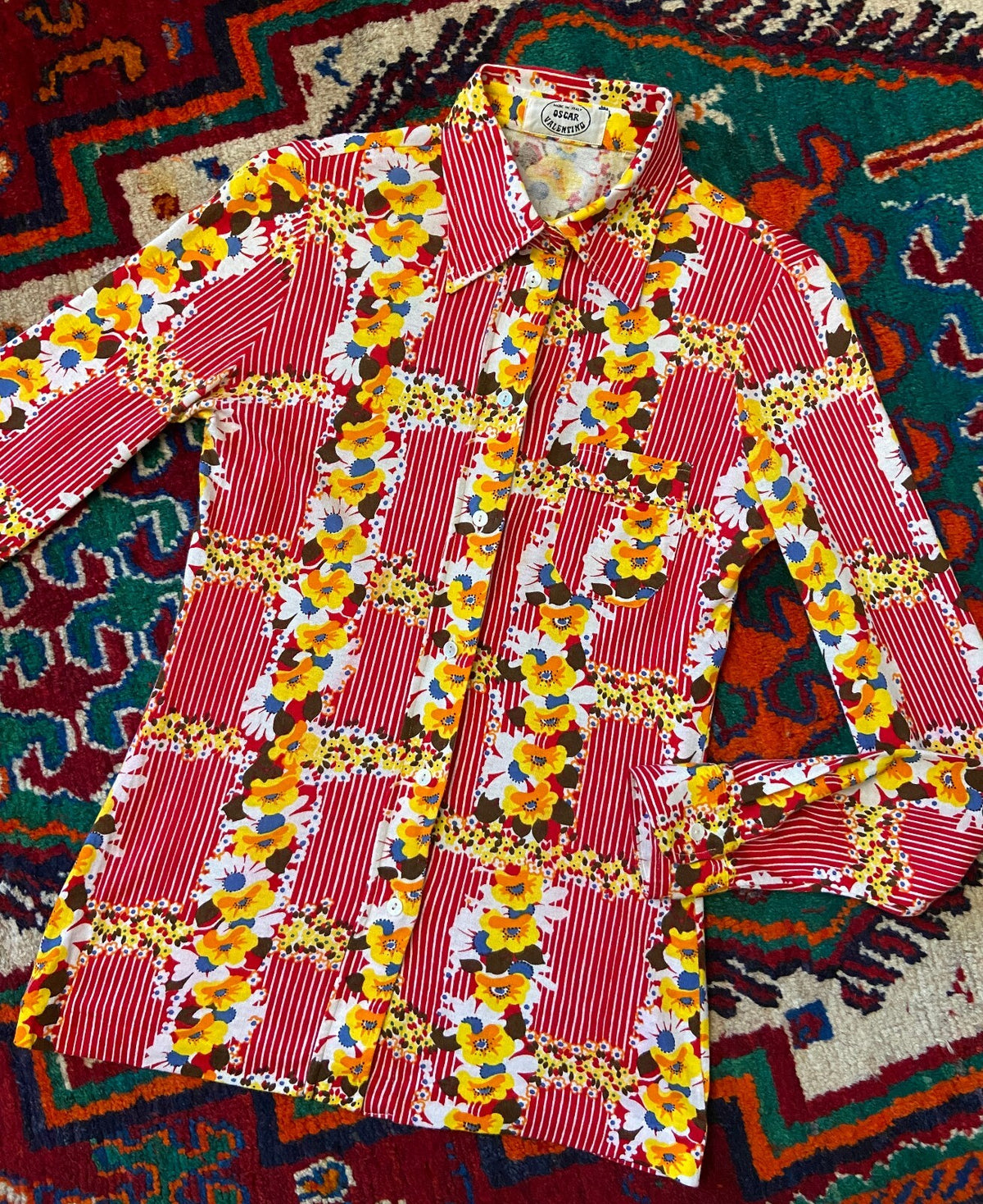 Vintage 1970s Red Striped & Yellow Floral Shirt