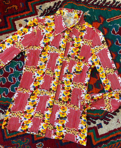 Vintage 1970s Red Striped & Yellow Floral Shirt