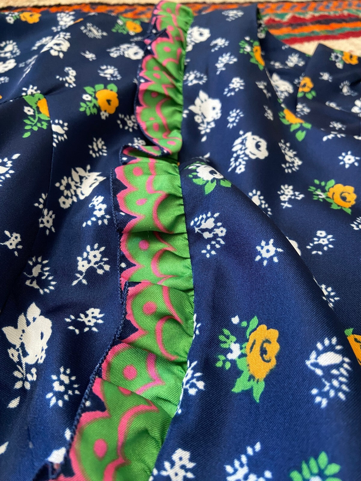 Vintage 1970s Navy Folk Maxi Dress