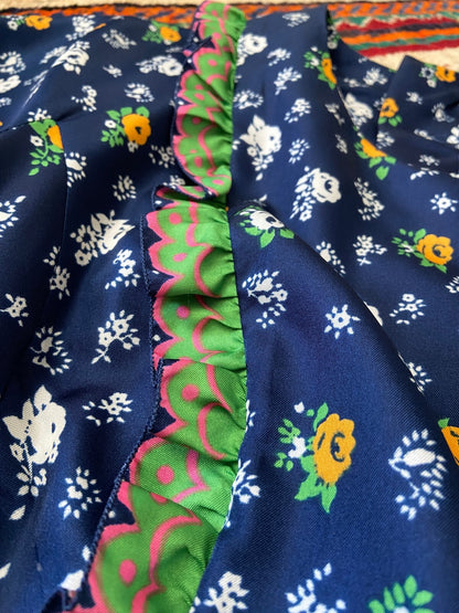 Vintage 1970s Navy Folk Maxi Dress