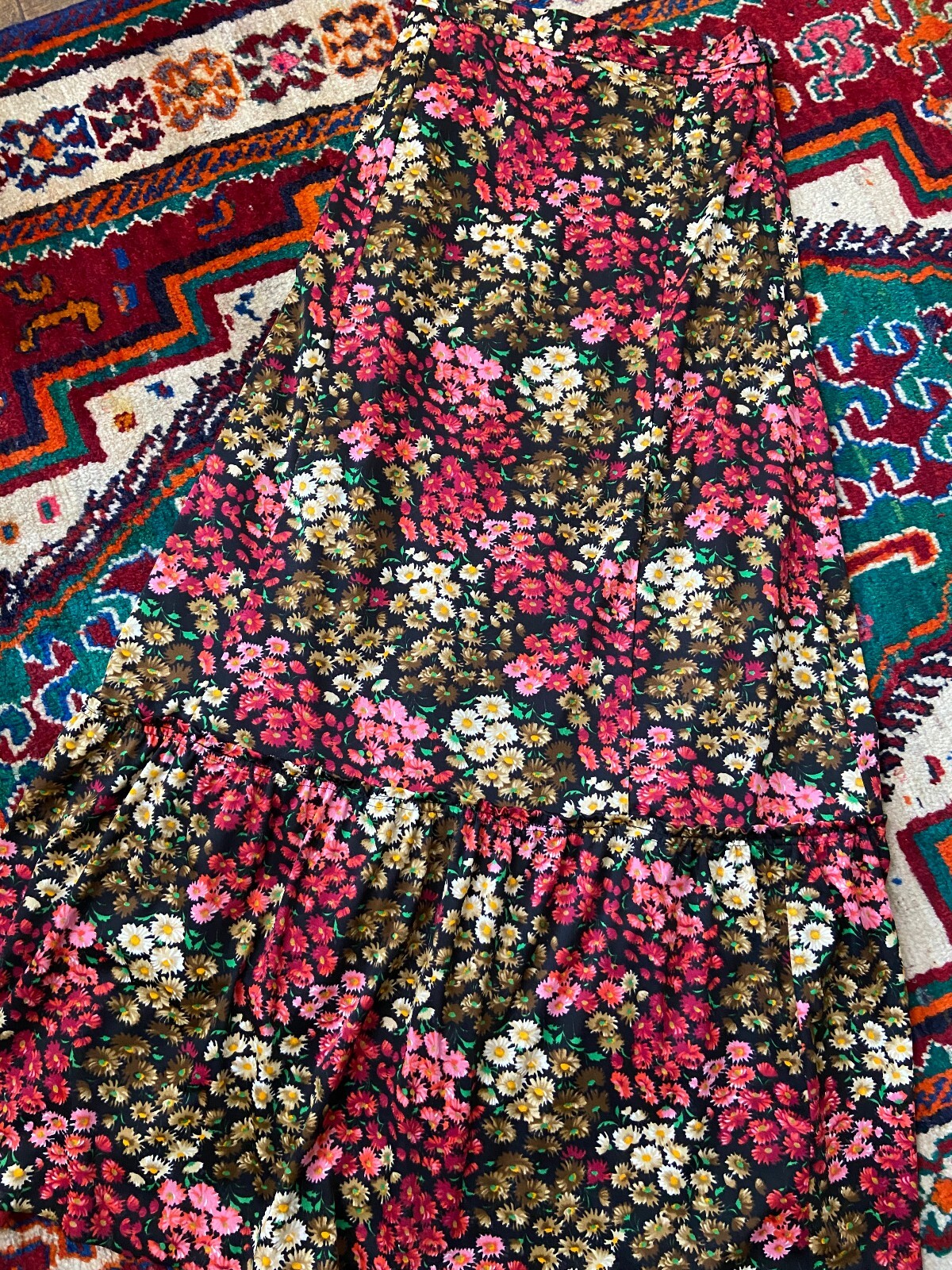 Vintage 1970s Burgundy Floral Maxi Skirt