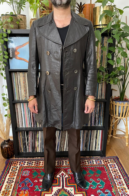 Vintage 1970s Brown Longline Leather Jacket