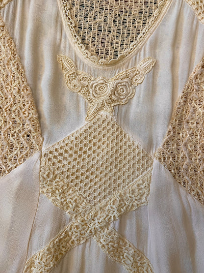 Vintage 1980s Pale Yellow Crochet Detail Dress