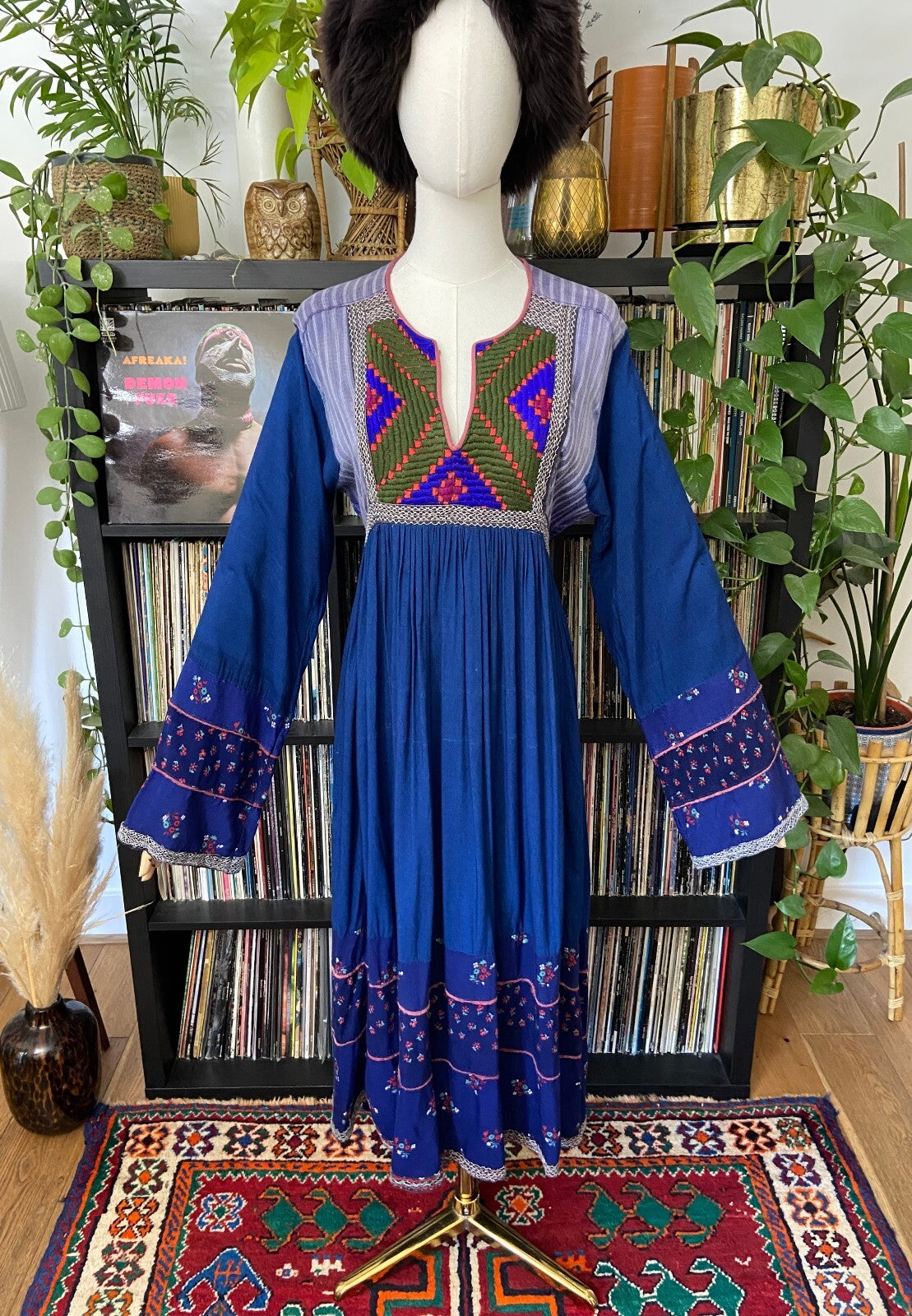 Vintage 1970s Blue & Green Bib Afghan Dress