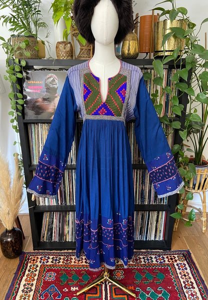 Vintage 1970s Blue & Green Bib Afghan Dress