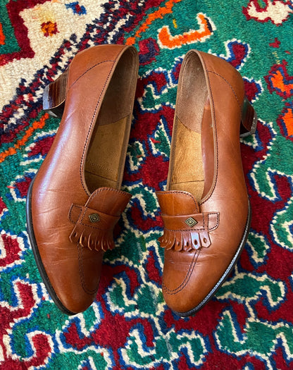 Vintage 1980s Brown Fringed Loafer Pumps UK 5