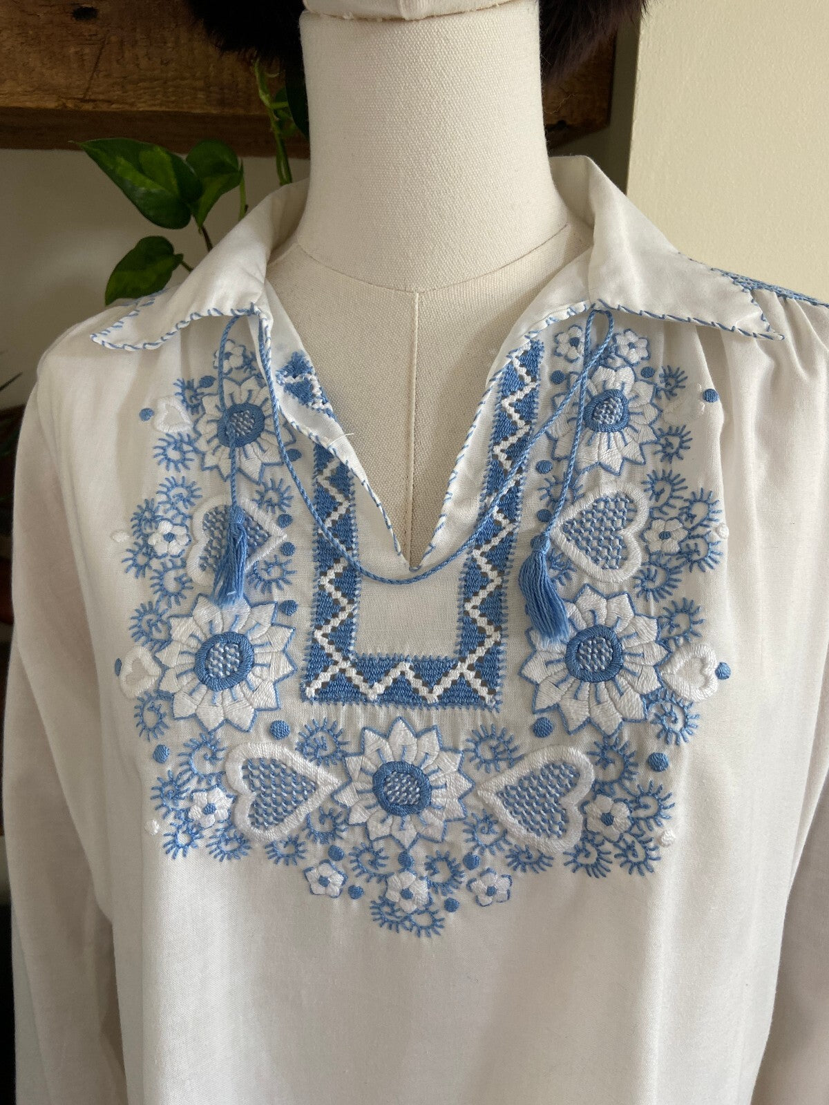 Vintage 1970s Blue Embroidered Penny Lane Blouse
