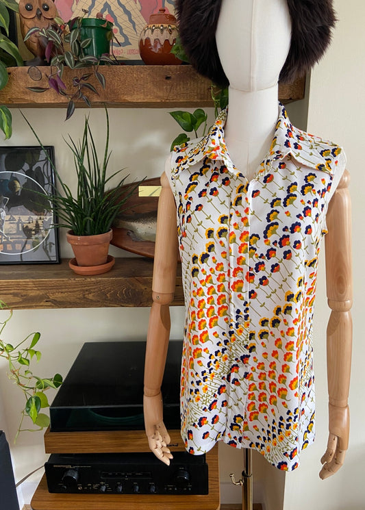 Vintage 1970s Retro Floral Sleeveless Shirt