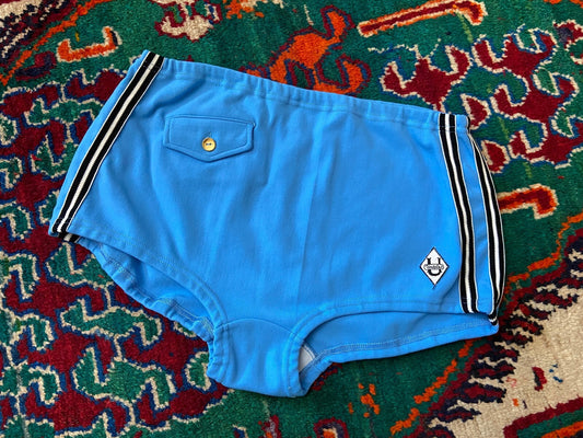 Vintage 1970s Pale Blue Stripe Trim Swim Shorts