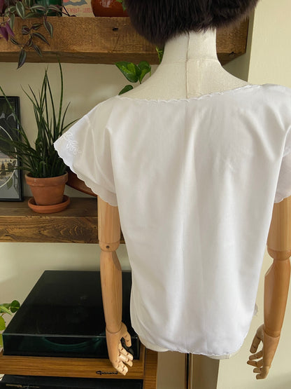 Vintage 1980s White Embroidered Cap Sleeve Top
