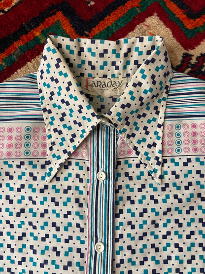 Vintage 1970s Geometric Print Dagger Collar Shirt