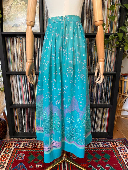 Vintage 1970s Turquoise Landscape Print Skirt