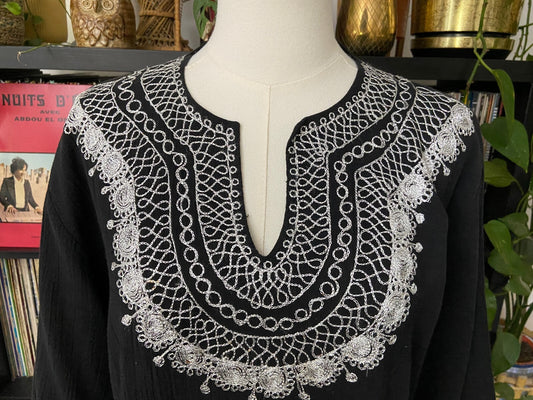 Vintage 1970s Black & Silver Embroidered Kaftan
