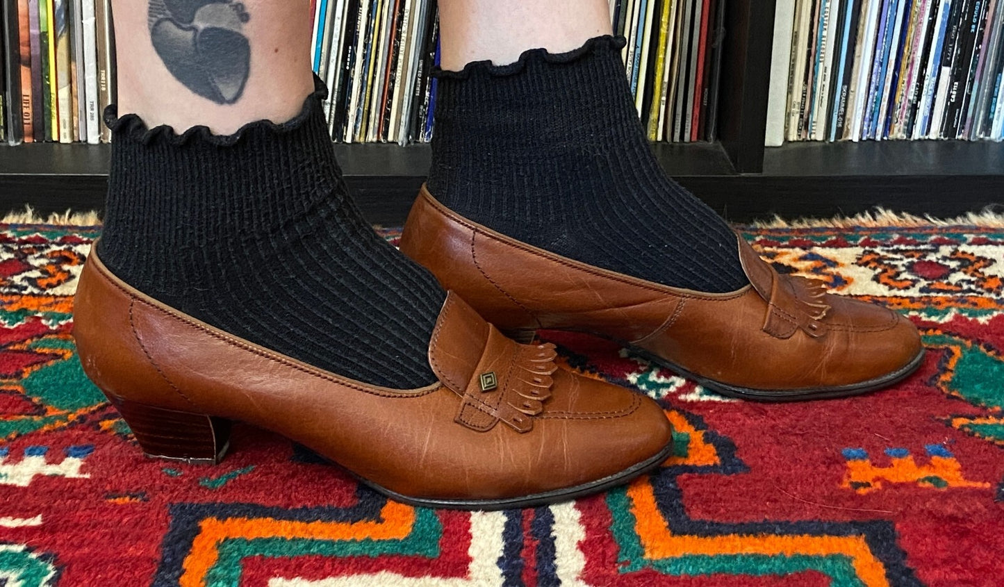 Vintage 1980s Brown Fringed Loafer Pumps UK 5